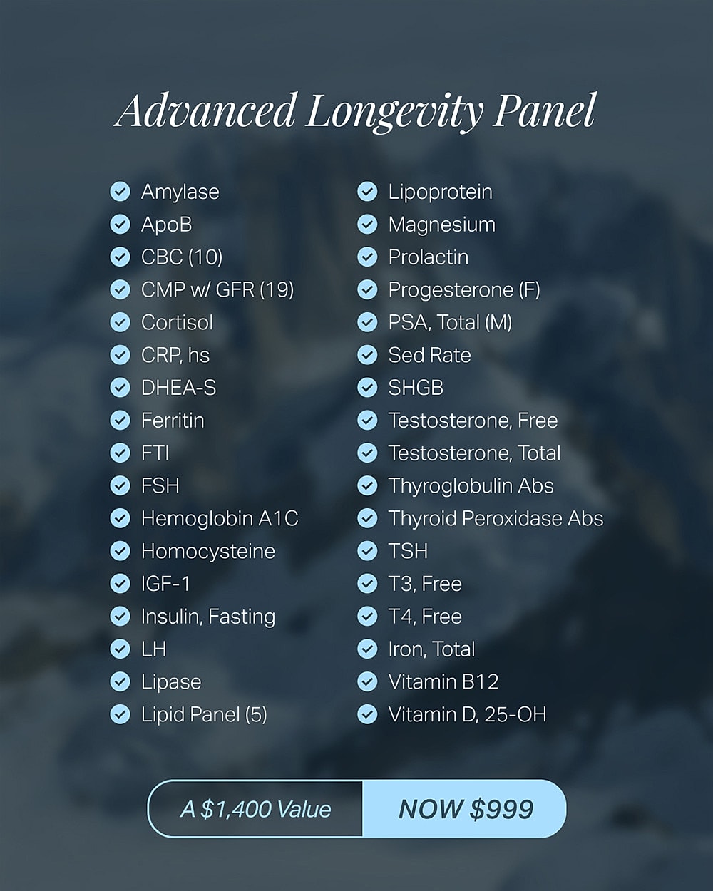 Advanced Longevity Panel pricing and list of tests